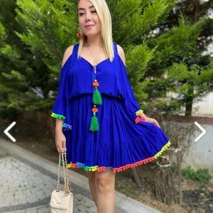 Modams Boutique Blue POMPOM Sun Dress size EU STD (US size L) New with Tags